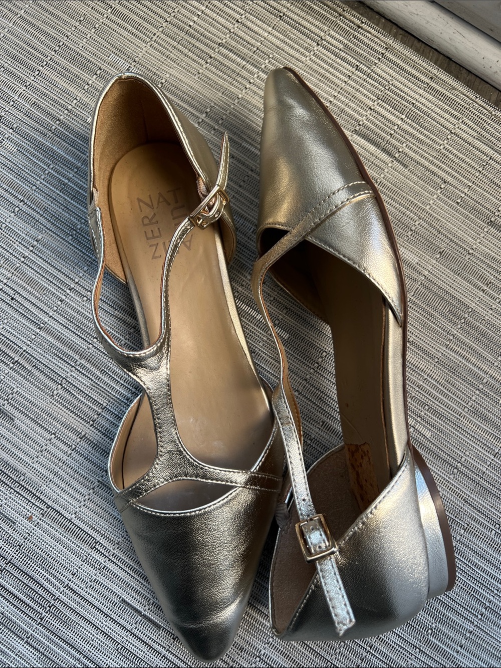 Naturalizer Metallic Gold Pointed T-Strap Flats